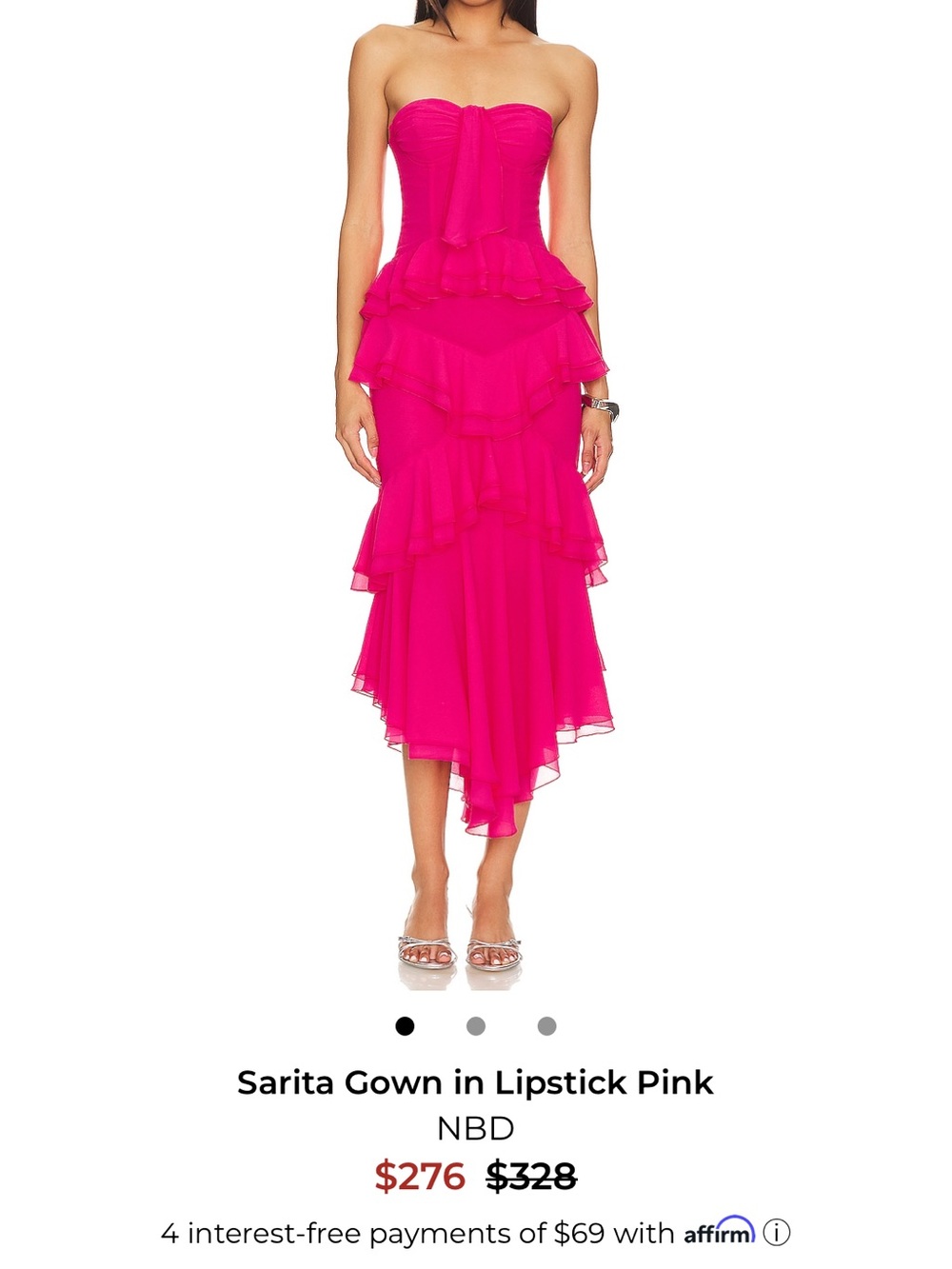 NBD Sarina Gown Lipstick Pink Strapless Ruffle Midi Dress